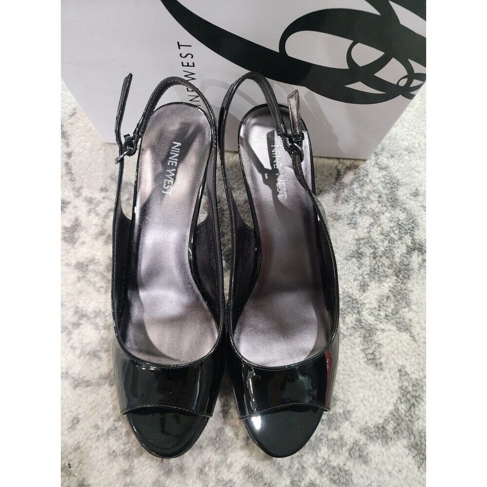 NEW - Nine West Womens 7 M Karoo Slingback Pumps Patent Black Leather Peeptoe - Picture 6 of 8
